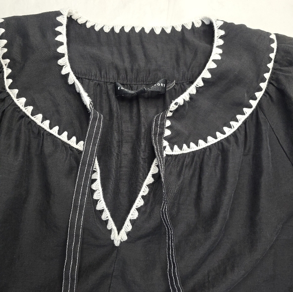 English Factory Peasant Top Black White Artsy Embroidered Trim Boho Folk Blouse - Picture 5 of 12